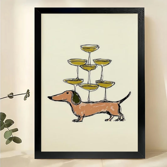 Dachshund with Champagne Tower Wall Art – Playful Wiener Dog Canvas Print on Natural Wood Frame | W2086