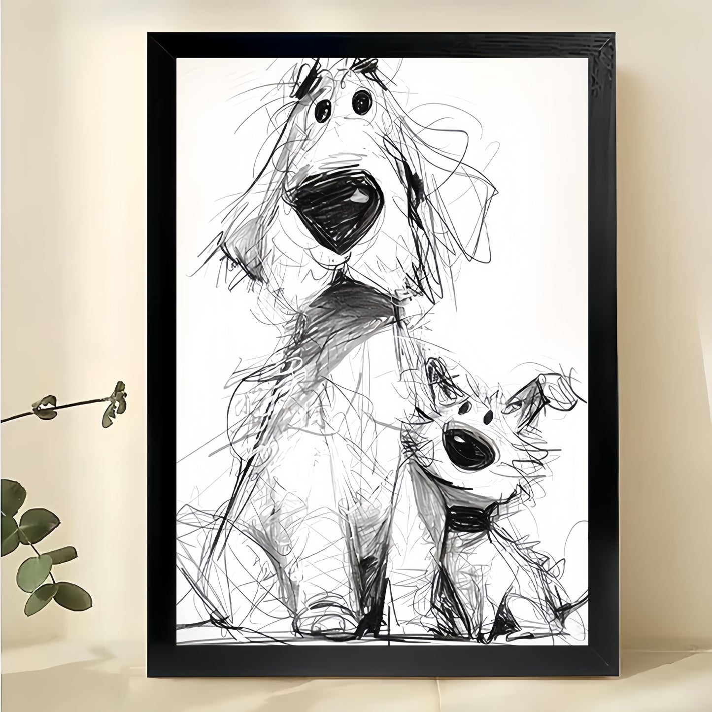Sketch-Style Dog Parent  Pup – Whimsical Pet Wall Art on Natural Wood Canvas | W690