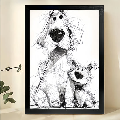 Sketch-Style Dog Parent  Pup – Whimsical Pet Wall Art on Natural Wood Canvas | W690