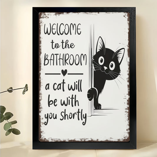 Welcome to the Bathroom Vintage Black Cat – Rustic Bathroom Wall Art on Natural Wood Canvas | W947
