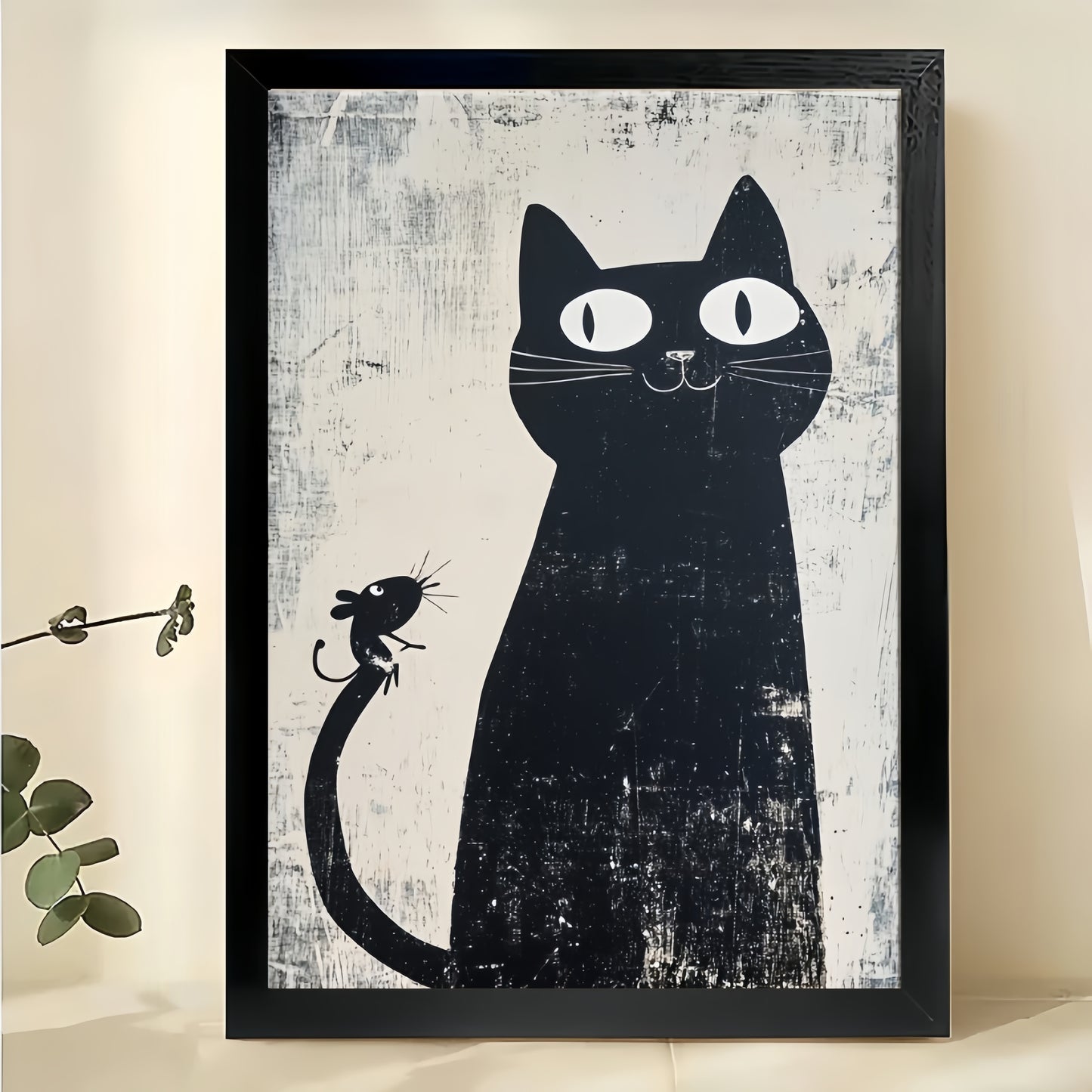 Black Cat with Mouse Tail – Whimsical Vintage Wall Art on Natural Wood Canvas | W938