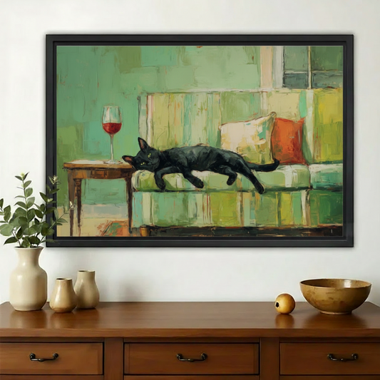 Lazy Black Cat on Green Couch – Retro Oil Painting Style Wall Art on Natural Wood Canvas | W913