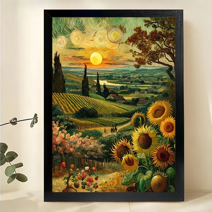 Van Gogh Sunfield with Sun – Artistic Wall Art on Natural Wood Canvas | W781