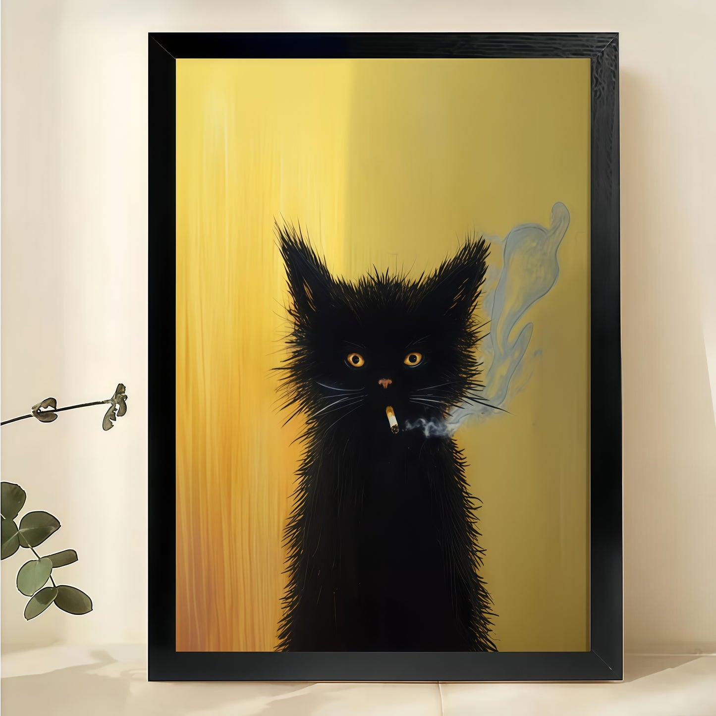Smoking Black Cat – Retro Edgy Cat Wall Art on Natural Wood Canvas | W2054
