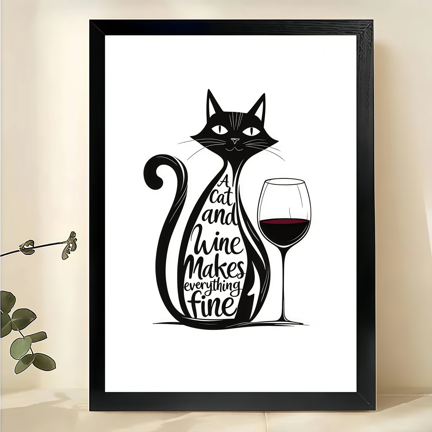 A Cat and Wine Makes Everything Fine – Retro Cat Wall Art on Natural Wood Canvas | W921