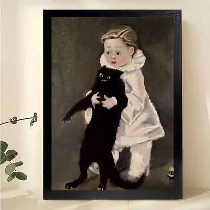 Child Holding Sassy Black Cat – Classic Art Parody Wall Art on Natural Wood Canvas | W847