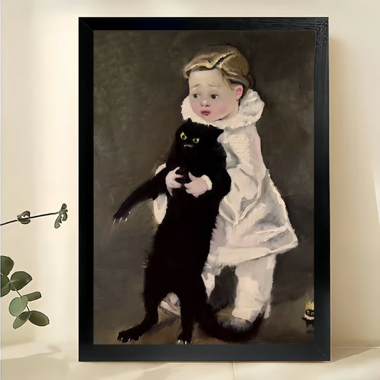 Child Holding Sassy Black Cat – Classic Art Parody Wall Art on Natural Wood Canvas | W847