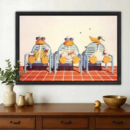 Chillin' Summer Penguins Wall Art – Retro Poolside Penguin Canvas Print on Natural Wood Frame | W2232