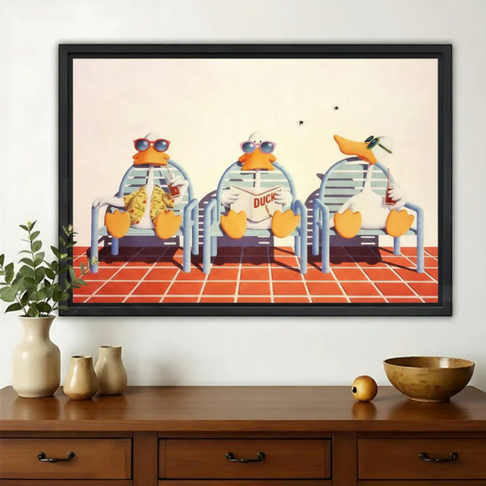 Chillin' Summer Penguins Wall Art – Retro Poolside Penguin Canvas Print on Natural Wood Frame | W2232