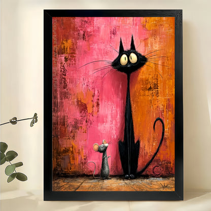 Tall Black Cat & Mouse – Textured Abstract Whimsical Wall Art on Natural Wood Canvas | W983
