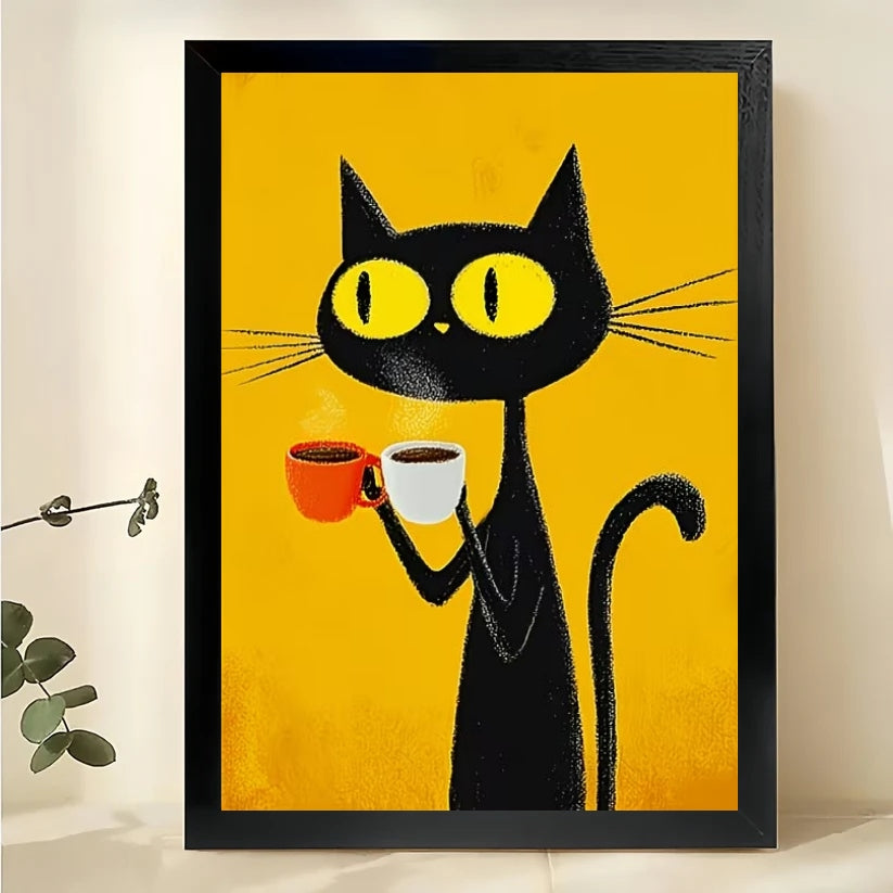 Retro Black Cat with Coffee Cup – Bold Yellow Background Wall Art on Natural Wood Canvas | W719