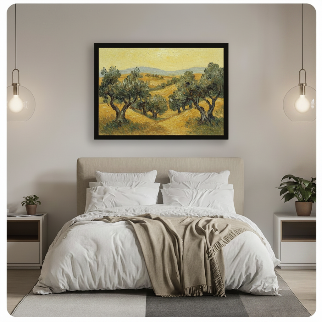 Mediterranean olive tree wall art above bed – bedroom gallery wall display