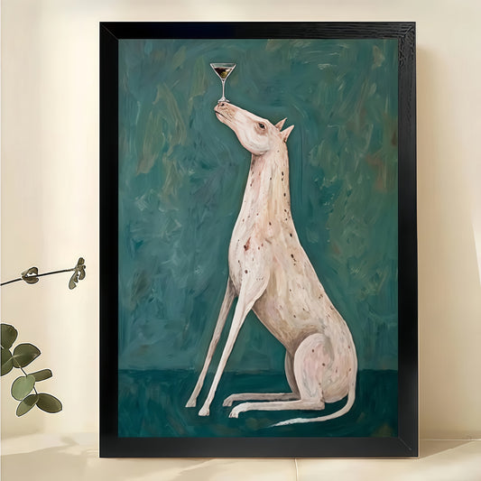 Greyhound with Martini Wall Art – Elegant Dog Drinking Cocktail Canvas Print on Natural Wood Frame | W2414