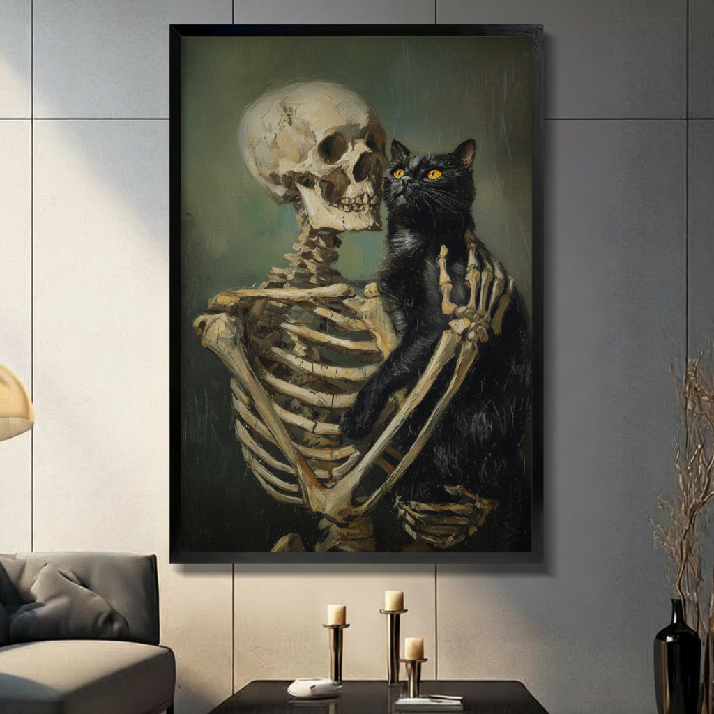 Gothic Skeleton Holding Black Cat Canvas Art w6614