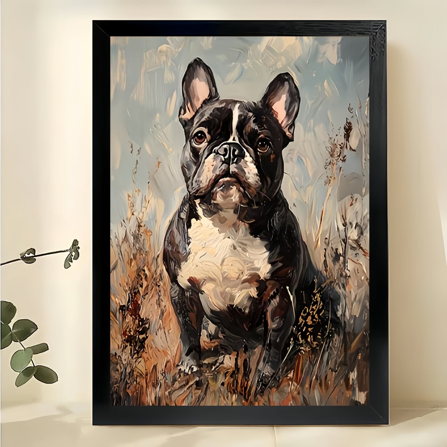 Vintage French Bulldog – Rustic Oil Painting Style Dog Wall Art on Natural Wood Canvas | W2001