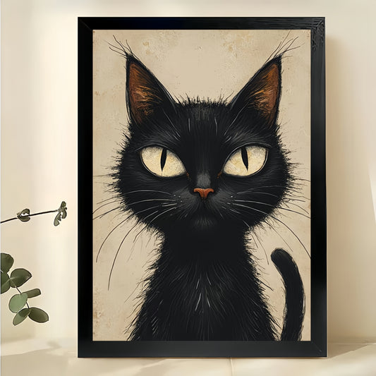 Realistic Big-Eyed Black Cat – Minimalist Moody Wall Art on Natural Wood Canvas | W726