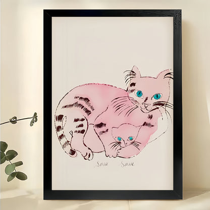 Pink Cat Parent Kitten – Sweet Pet Family Wall Art on Natural Wood Canvas | W697