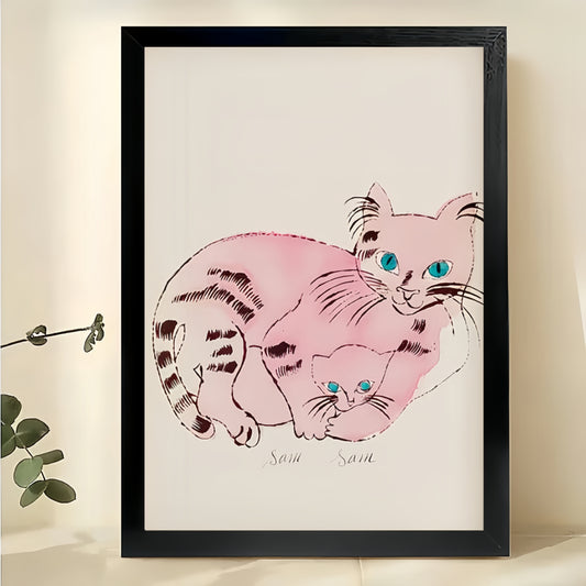 Pink Cat Parent Kitten – Sweet Pet Family Wall Art on Natural Wood Canvas | W697