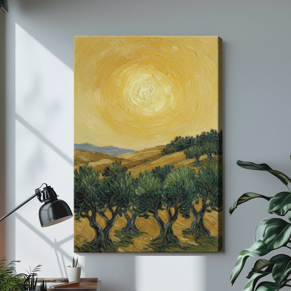 Impressionist olive tree canvas print beside desk lamp – home office wall decor