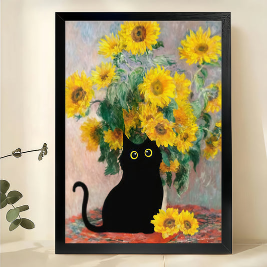 Black Cat with Sunflowers – Van Gogh Inspired Cat Wall Art on Natural Wood Canvas | W2031