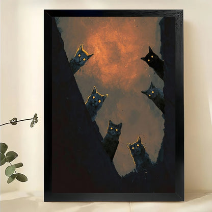 Mysterious Peeking Black Cats Wall Art – Dark Moody Cat Oil Painting Canvas Art | W2301