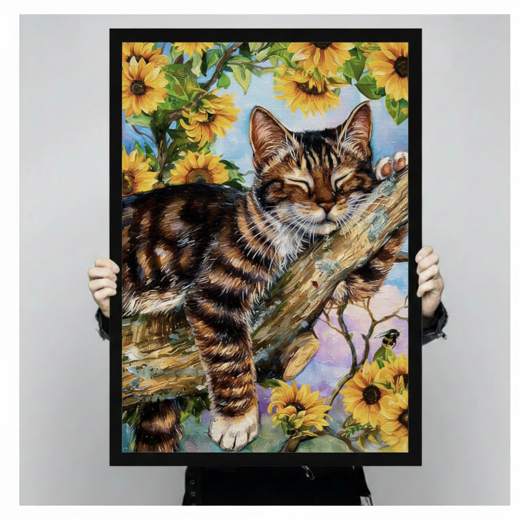 Hand-held cat and sunflower canvas print – size reference