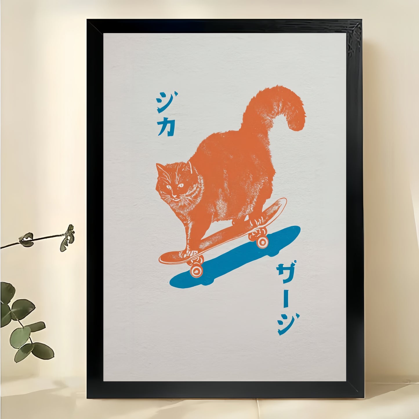 Japanese Skateboarding Cat – Retro Minimalist Cat Wall Art on Natural Wood Canvas | W2065