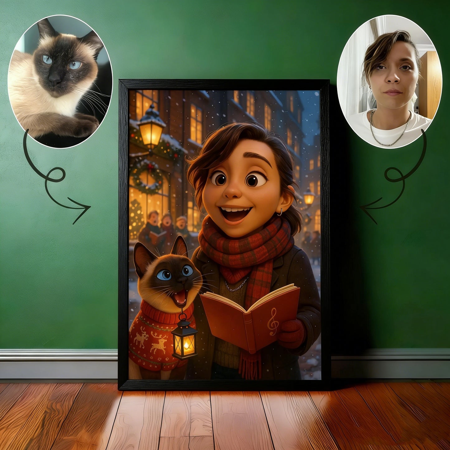 Custom Christmas Pet Portrait,Personalized Gift, Funny Santa Cat & Owner Illustration Wall Art,Holiday Home Decor