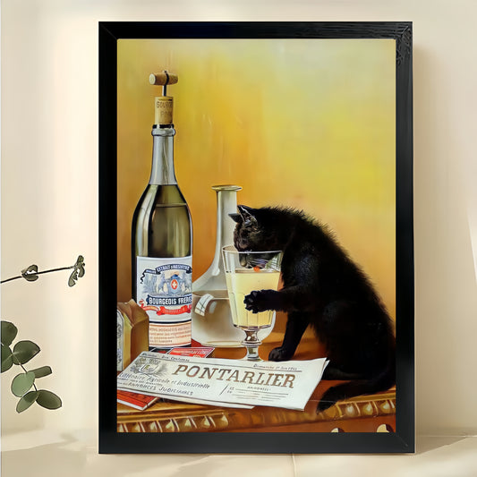 Vintage Black Cat at Bar Counter – Retro Poster Wall Art on Natural Wood Canvas | W817