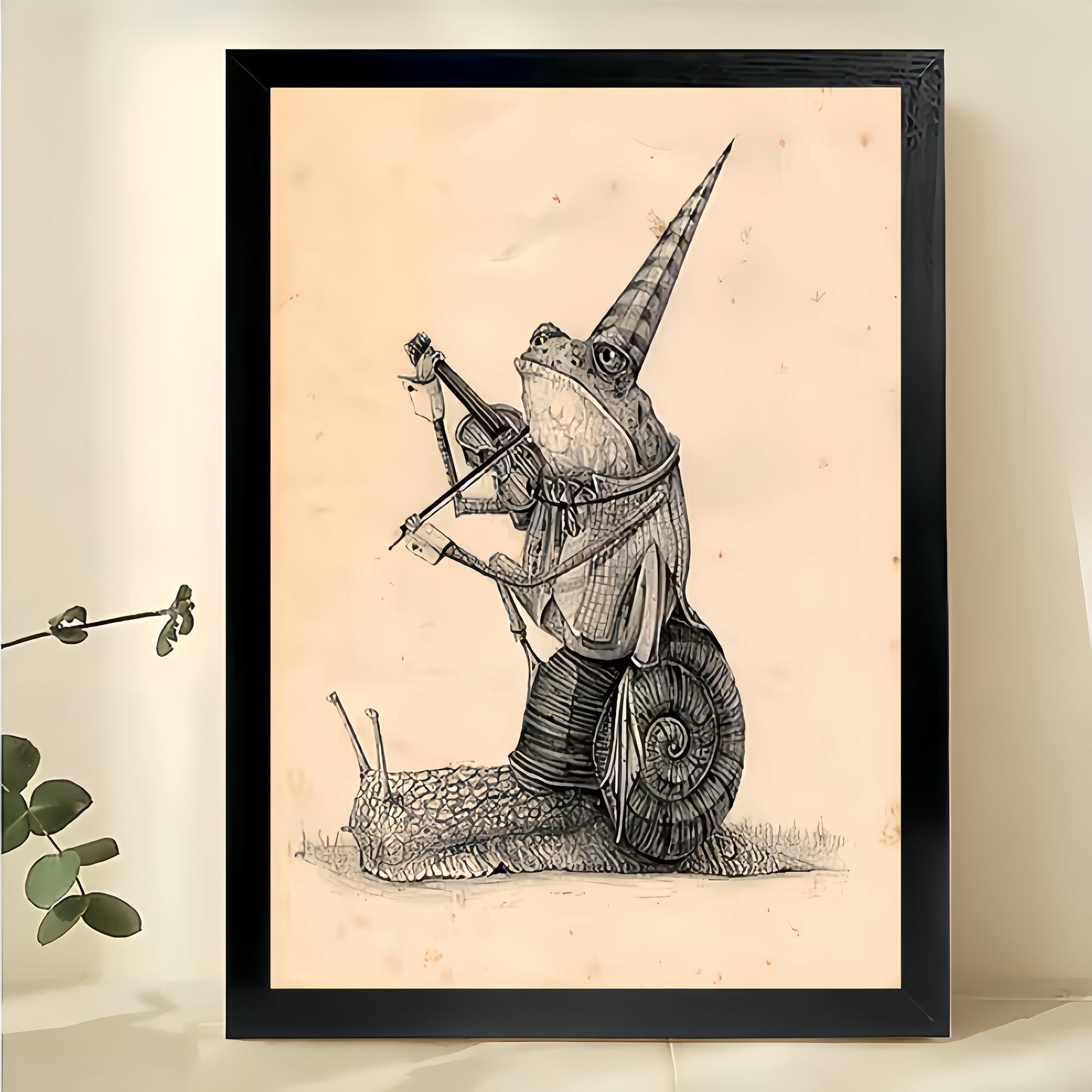 The Knight On A Snail – Vintage Whimsical Sketch Wall Art on Natural Wood Canvas | W631