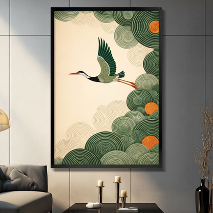 Japanese Crane Flying Green Cloud Decorative Canvas Print w6047