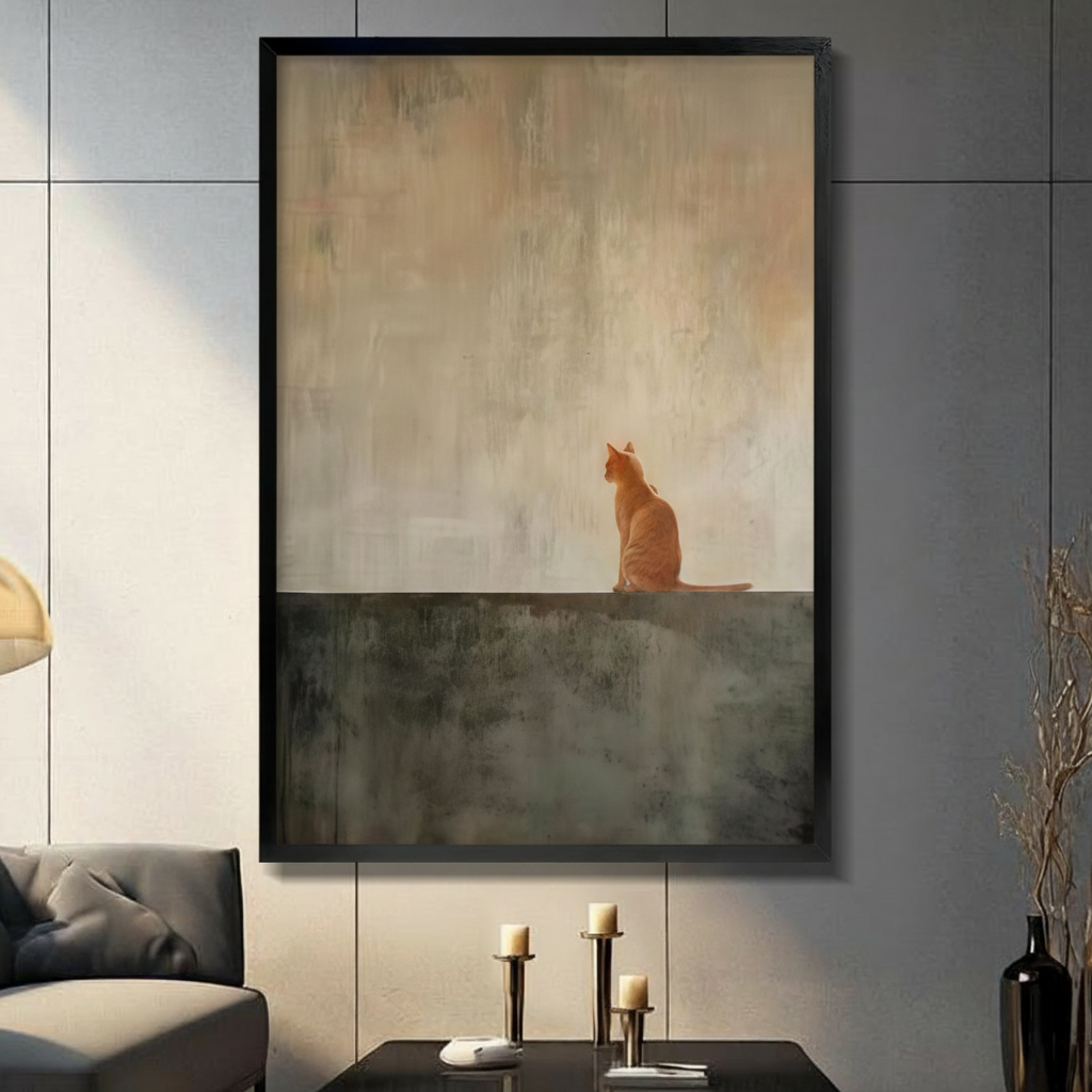 Solitary Orange Cat Minimalist Oil Painting Canvas Print w6049