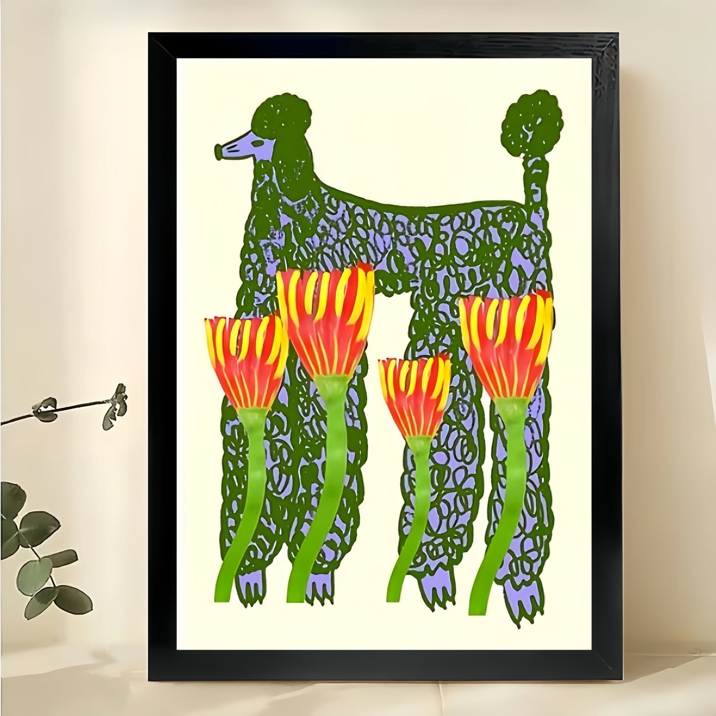 Whimsical Dog with Tulip Floral Illustration – Playful Nature Wall Art on Natural Wood Canvas | W685