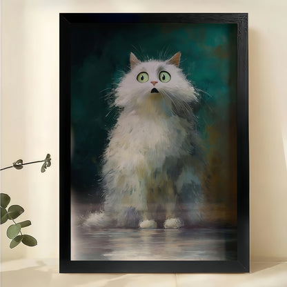 Vintage Fluffy White Cat Wall Art – Moody Realistic Cat Canvas Print with Natural Wood Frame | W2076