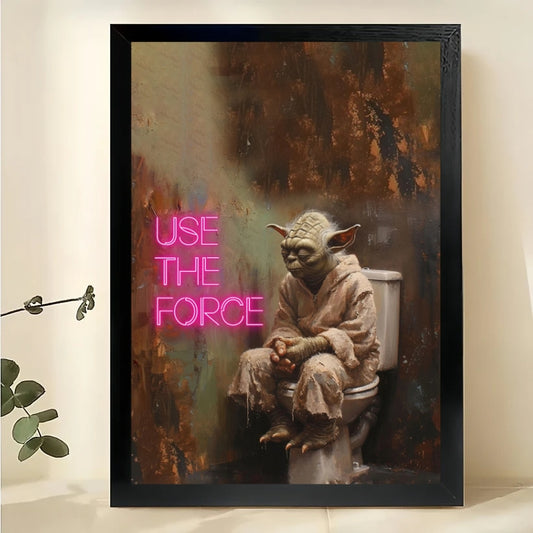 Yoda Use The Force on Toilet – Star Wars Humorous Parody Wall Art on Natural Wood Canvas | W852