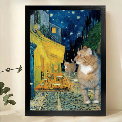 The Starry Night Cat – Van Gogh-Inspired Artistic Wall Art on Natural Wood Canvas | W621