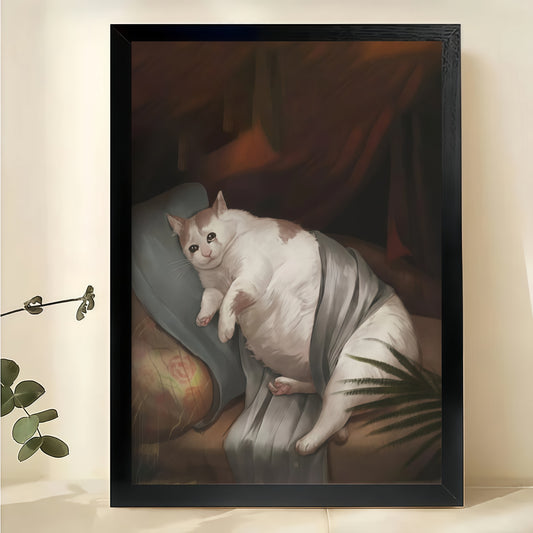 Chonky Cat Reclining – Classic Art Parody Wall Art on Natural Wood Canvas | W837