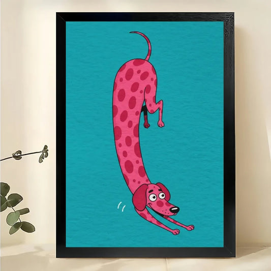 Pink Polka Dot Dachshund Wall Art – Whimsical Teal Background Sausage Dog Canvas Print on Natural Wood Frame | W2251