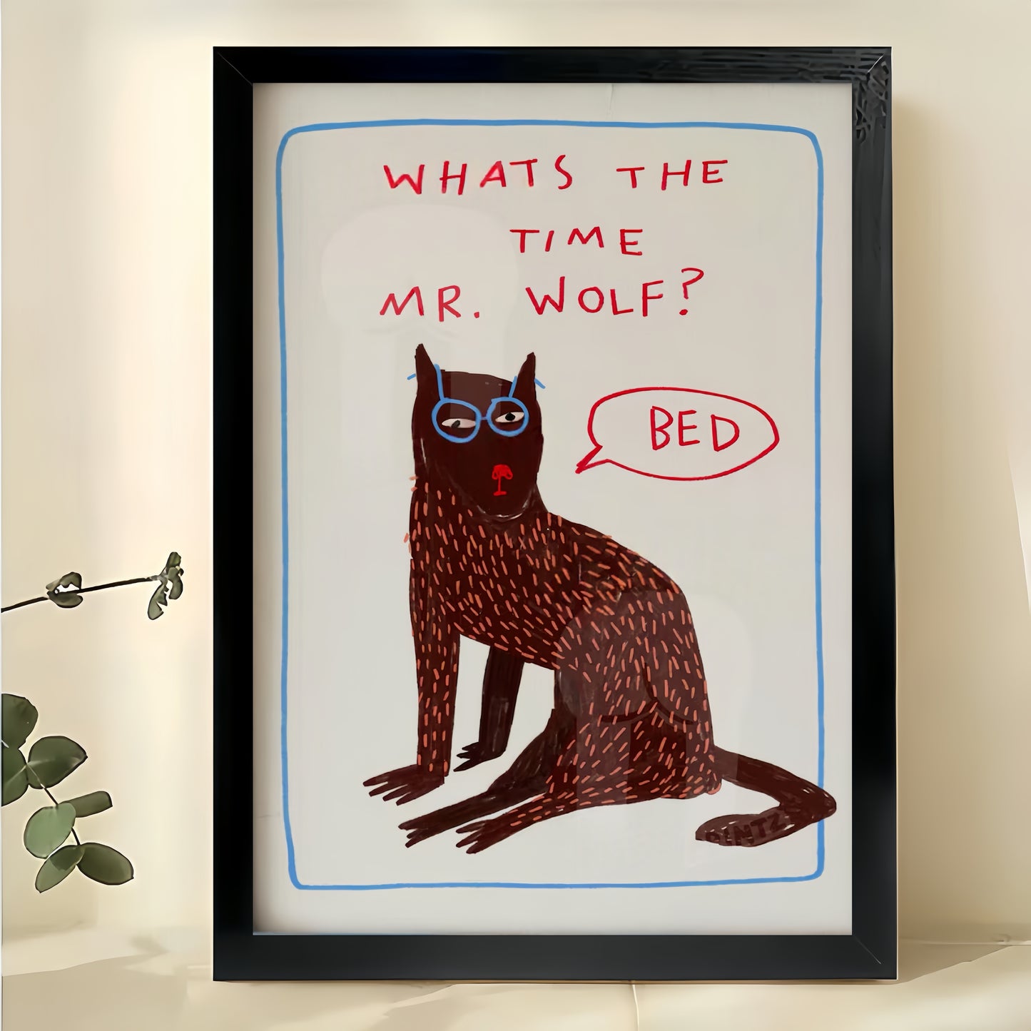 What’s the Time Mr. Wolf? Bed Funny Red Cat – Humorous Kids’ Room Wall Art on Natural Wood Canvas | W821
