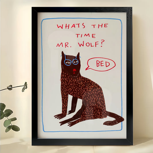 What’s the Time Mr. Wolf? Bed Funny Red Cat – Humorous Kids’ Room Wall Art on Natural Wood Canvas | W821