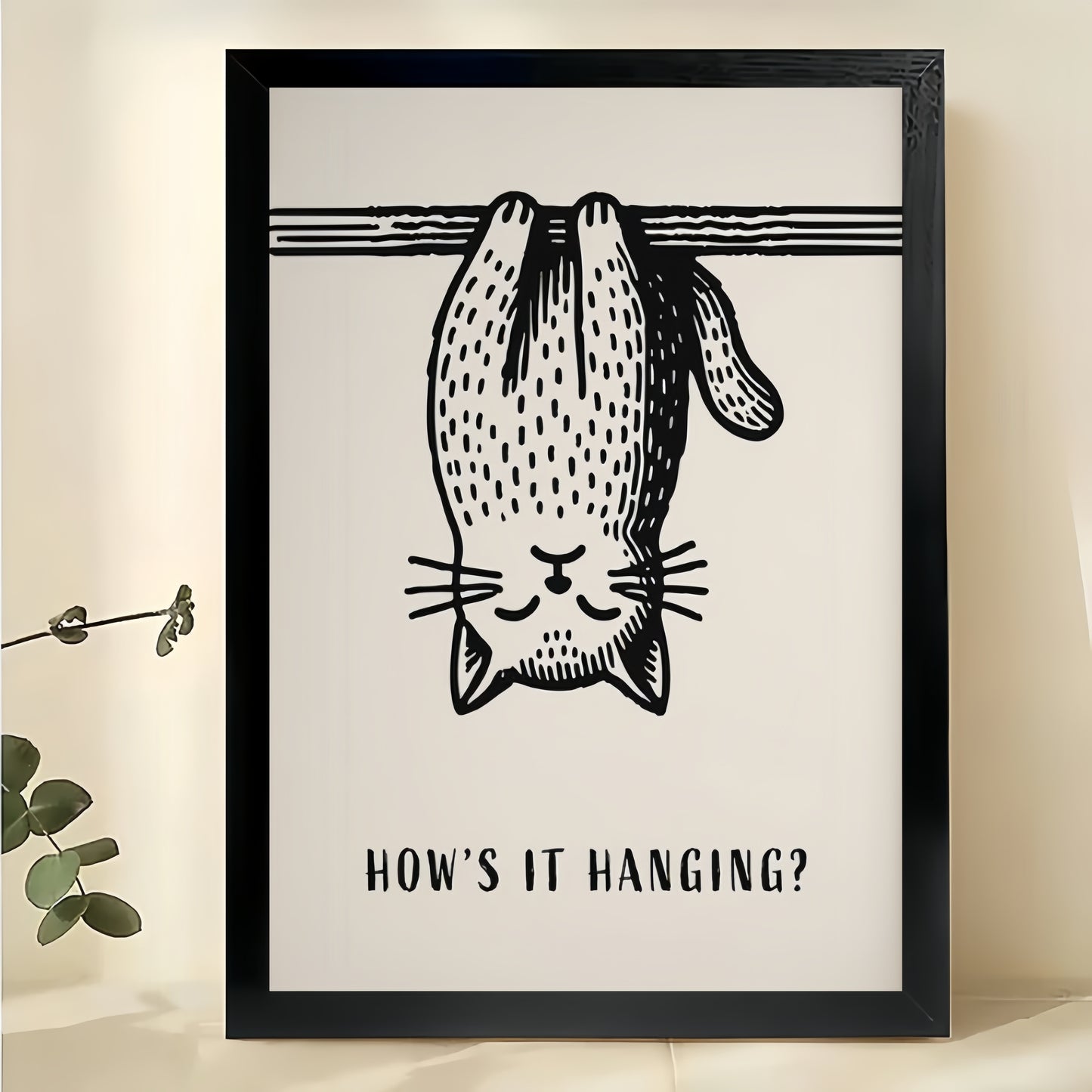How’s It Hanging? Upside-Down Cat – Humorous Minimalist Wall Art on Natural Wood Canvas | W873