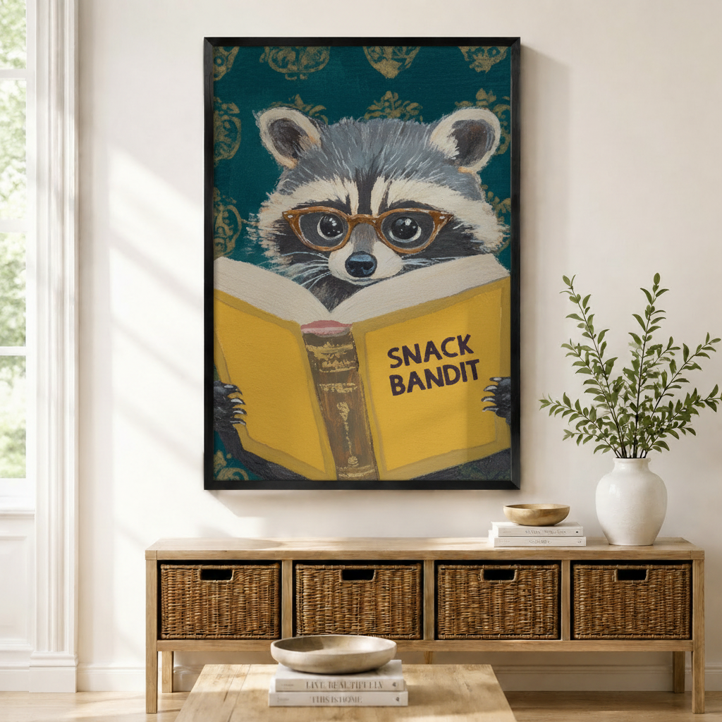 Snack Bandit Raccoon Reading Funny Impasto Canvas Print w6085