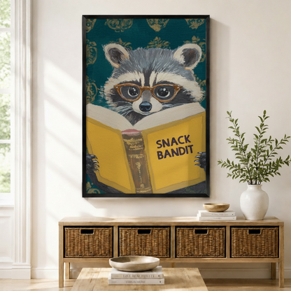 Snack Bandit Raccoon Reading Funny Impasto Canvas Print w6085