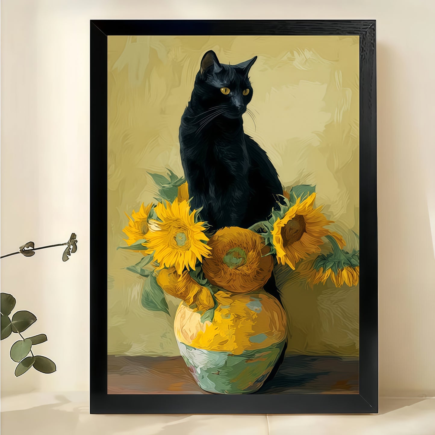 Black Cat with Sunflowers – Van Gogh Inspired Cat Still Life Wall Art on Natural Wood Canvas | W2047