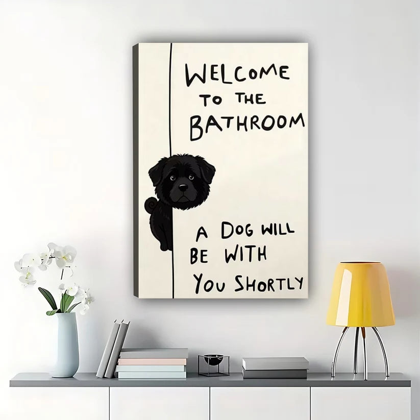 Funny Peeking Black Dog Bathroom Wall Art – Welcome Quote Framed Canvas Print | W2519