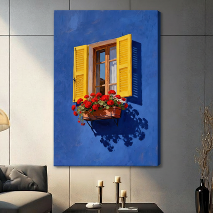 Mediterranean Blue Window Floral Canvas Art w3062
