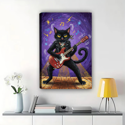Rock Star Cat Art - Black Cat Electric Guitar Decor|W1108