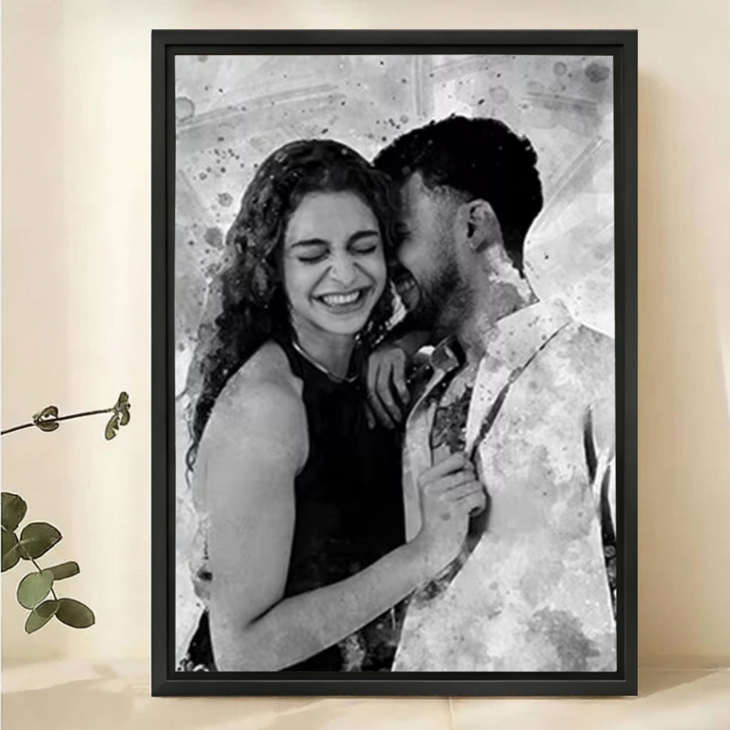 Custom Black and White Watercolor Portrait - Personalized Canvas Art