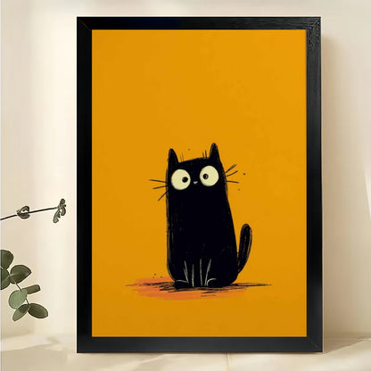 Big-Eyed Black Cat on Orange Background – Minimalist Mid-Century Wall Art on Natural Wood Canvas | W931
