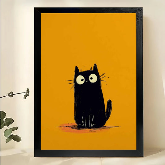 Big-Eyed Black Cat on Orange Background – Minimalist Mid-Century Wall Art on Natural Wood Canvas | W931
